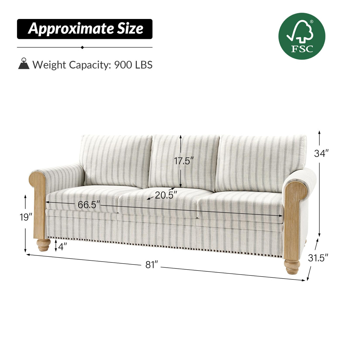 HULALA HOME 81" Farmhouse Couch with Stripe Pattern, 3 Seater Sofa with Solid Wood Legs and Rolled Wide Armrests, Comfy Upholstered Sofa with Nailhead Trims, FSC Certified, Stripe HULALA HOME