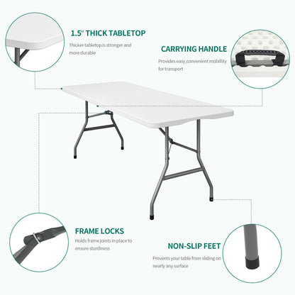 YITAHOME Heavy-Duty 6ft Folding Table with Handle, Portable Rectangle Folding Table for Easy Storage, Ideal for Outdoors Camping, Picnics, Parties & Indoor Events, White