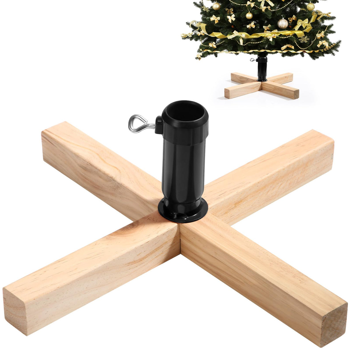 Soaoo Wood Christmas Tree Stand 15.7 Inch Replacement Xmas Tree Stand Base Stable Fake Christmas Tree Base with Thumb Screw Adjustable Fits 0.5 to 1.26 Inch Tree Pole for Artificial Tree (Black Pole) Soaoo