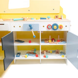 Construction Truck Wooden Playset w 60+ Toy Pieces- Pretend Hammer Saw Bolts & Screws- Spinning Turn Saw, Steering Wheel & Wood to Saw Apart, Dual Sided Play Stand, Workbench Building for Kids Gift Svan