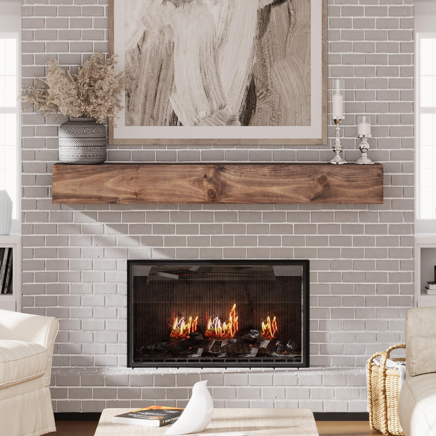 Fireplace Mantel, 60 Inches Hollow Wood Mantel with Invisible Heavy Duty Wood Bracket, Faux Fireplace Mantel for Over Fireplace, Rustic Floating Shelves for Wall, Brown