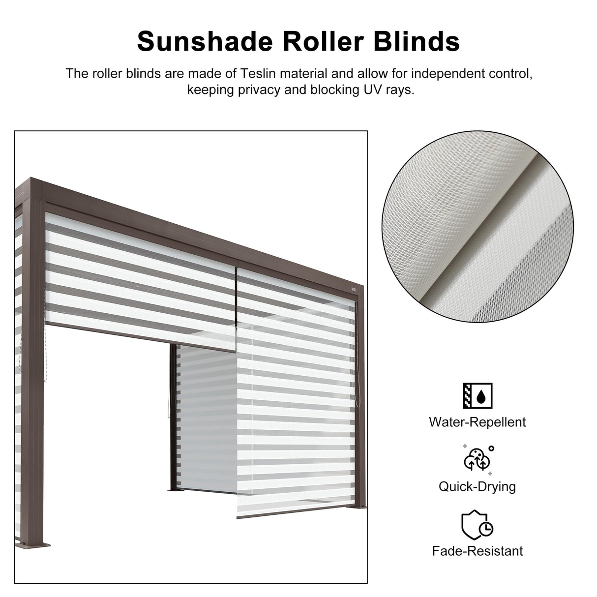 PURPLE LEAF Outdoor 10' × 14' Louvered Pergola with Roller Blinds Patio Adjustable Aluminum Canopy Retractable Metal Roof for Deck Outside Backyard Hardtop Gazebo Sun Shade, 2 Short and 1 Long Side PURPLE LEAF