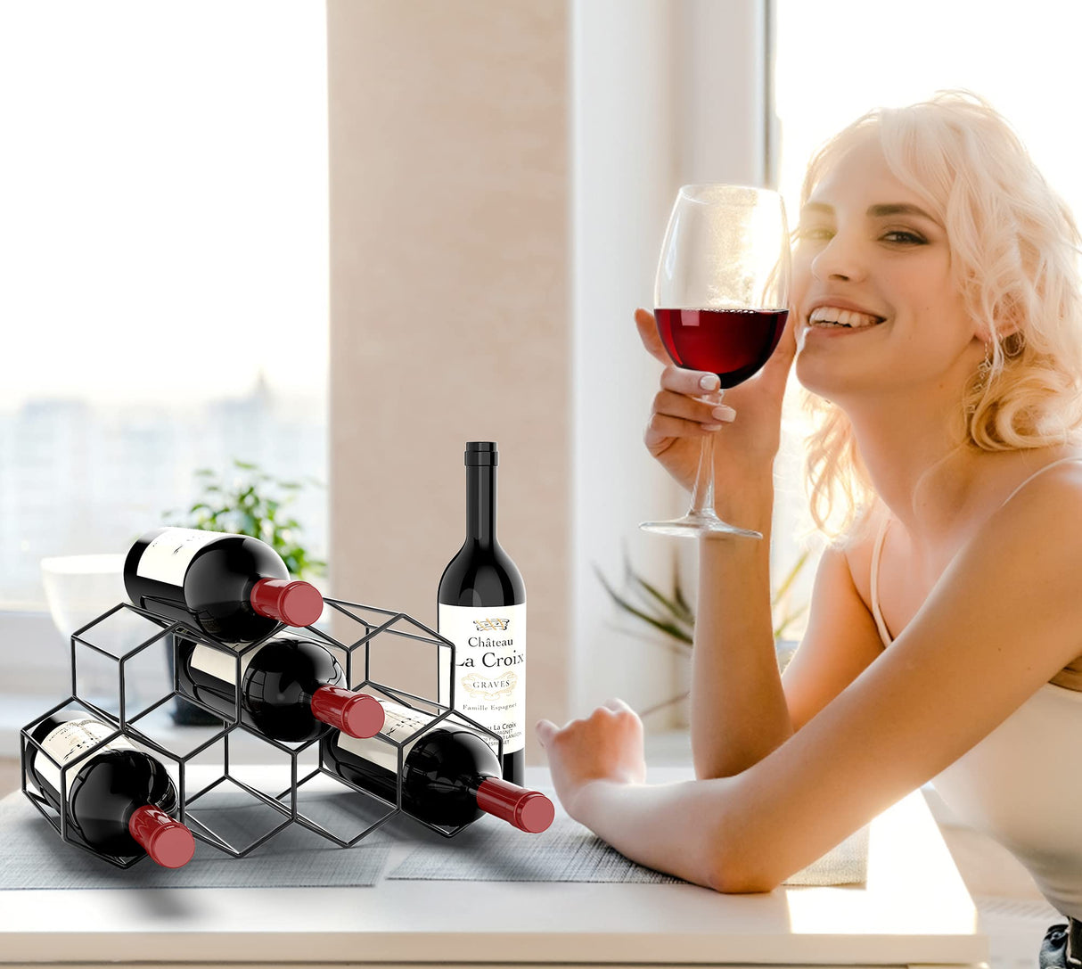 Countertop Wine Rack Freestanding, Small Metal Honeycomb Wine Holder Stand, Black 9 Bottle Organizer for Water Bottles, Tabletop Storage Rack for Home Kitchen Bar Handisen