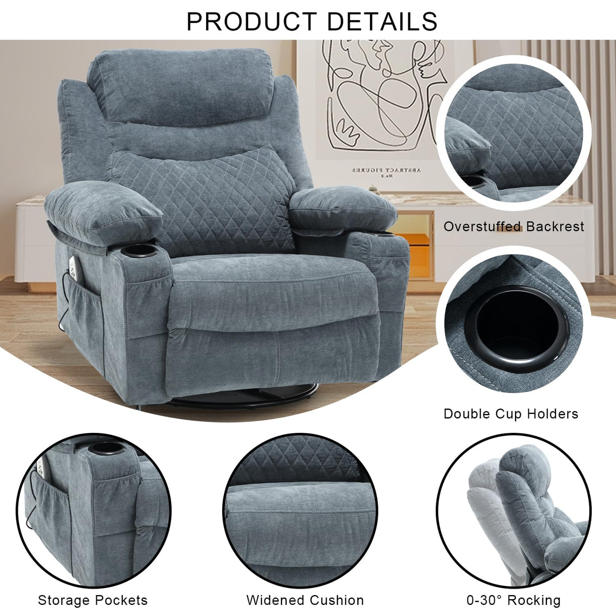 linting Power Swivel Rocker Recliners with Massage and Heat for Adults Fabric Overstuffed Electric Swivel Recliner with Cup Holders USB Port, Rocking Glider Chairs, Blue linting