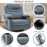 linting Power Swivel Rocker Recliners with Massage and Heat for Adults Fabric Overstuffed Electric Swivel Recliner with Cup Holders USB Port, Rocking Glider Chairs, Blue linting
