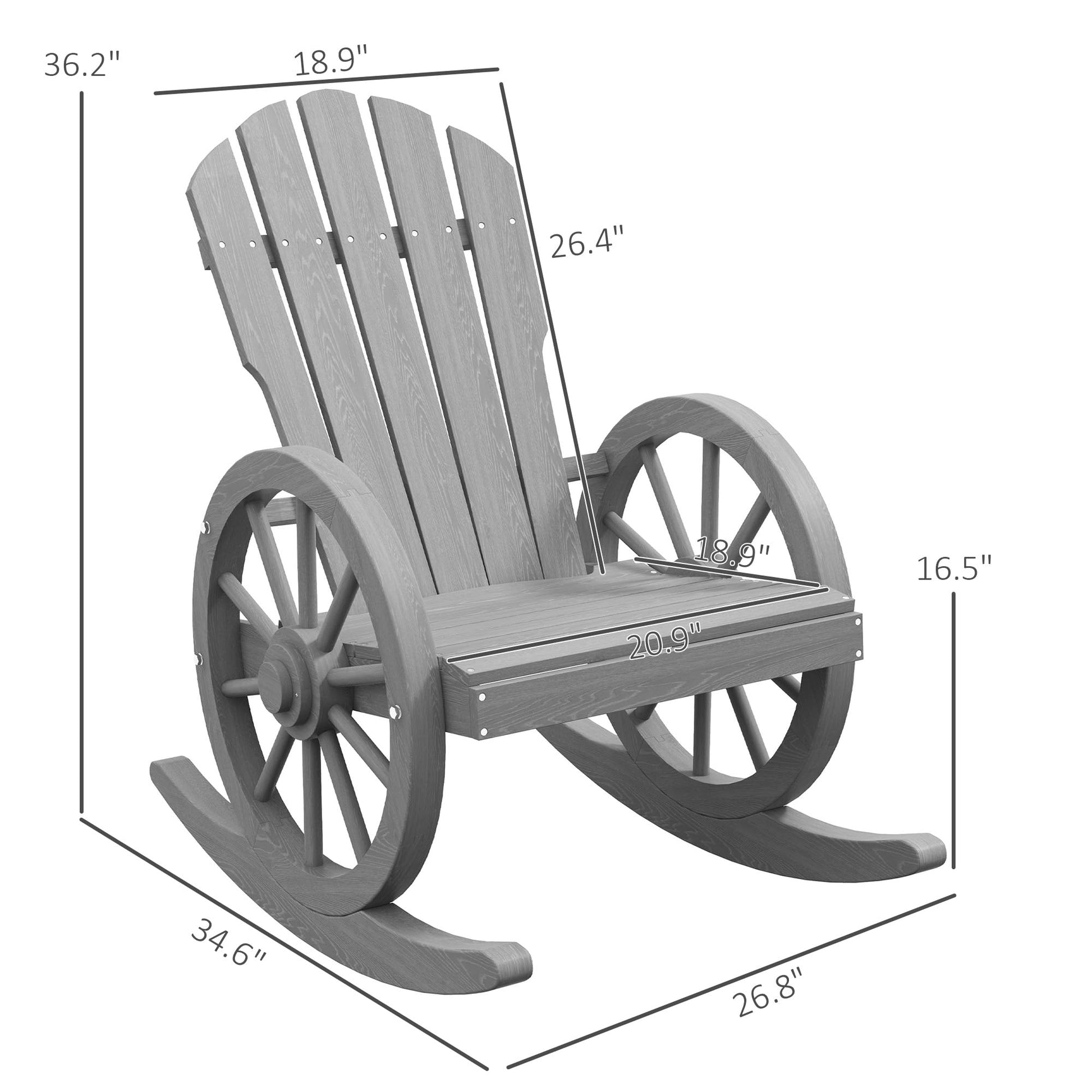 Outsunny Wooden Rocking Chair, Adirondack Rocker Chair w/Slatted Design and Oversized Back, Outdoor Rocking Chair with Wagon Wheel Armrest for Porch, Poolside, and Garden, Gray - WoodArtSupply