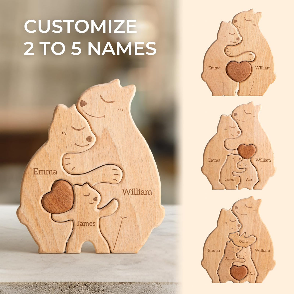 Customizedbee Wooden Bears Family Puzzle, Personalized Jigsaw Puzzles for Adults Kids, Family Decor for Mom, Woody Sculpture, Housewarming Gifts for Parents Couple Customizedbee