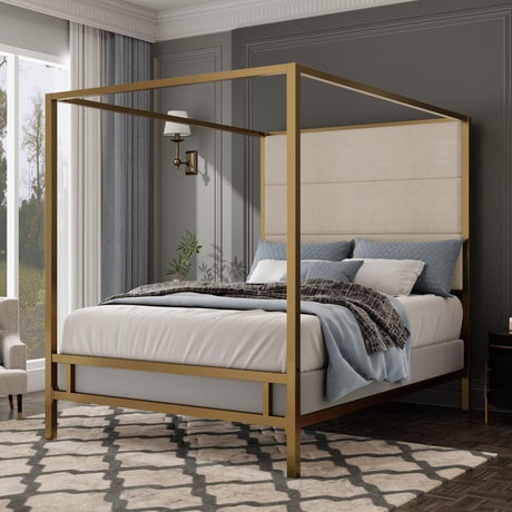 JIJIWANG Modern Gold Canopy Bed with Tall Linen Fabric Upholstered Headboard Metal 4-Poster Bed Frame, Box Spring Needed, (Queen,Gold) JIJIWANG