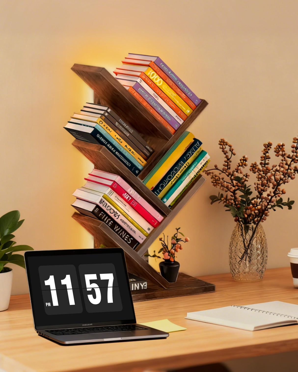 Godferyxin Tree Bookshelf with Liting,Small Bookshelf LED and Desktop Book Shelf for Office, Home or School Mini Bookcase for Wood Displaying Books, CDs, Magazines Wood Shelf Rack Godferyxin
