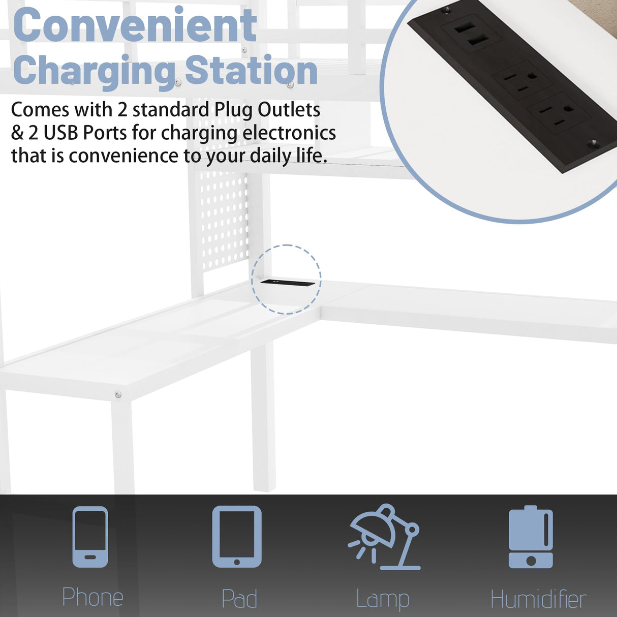 MoproBeti Full Size Loft Bed with Desk and Stairs,Metal Gaming Loft Bed with LED,Charging Station, High Loft Bed Full with Storage Shelves,Wardrobe and Drawers for Kids Teens, Adults, White MoproBeti