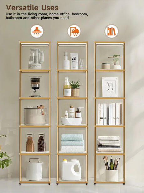 MANBUR Display Shelf with Dimmable LED Floor Lamp, Display Cabinet with Glass Bookcase, Home Decor, Bedroom Decor, Bookshelf with Light, Open Book Shelf with 6-Tier Shelf for Living Room Decor Gold MANBUR