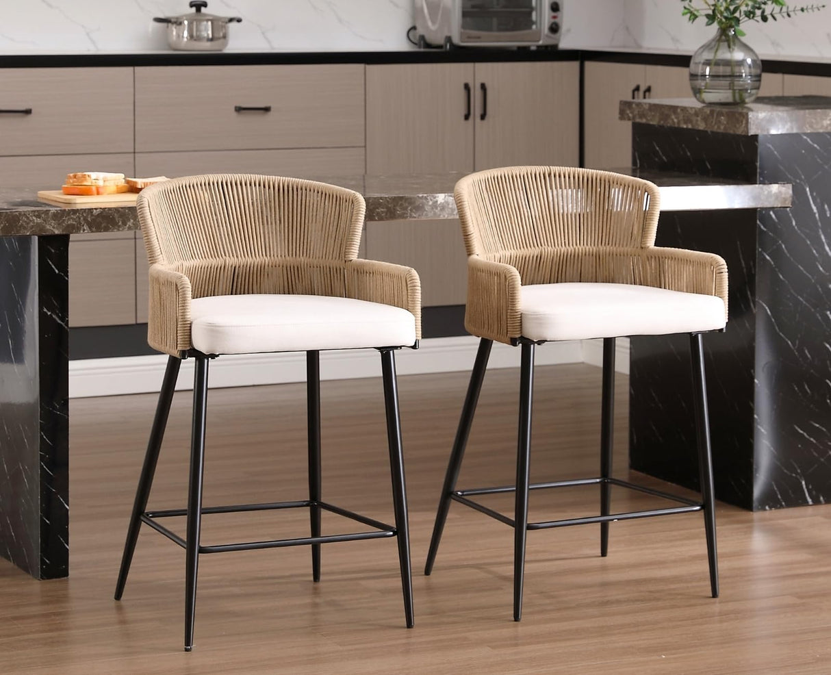 ROCITY Woven Counter Height Bar Stools Set of 2 Beige Linen Counter Stools 26 Inch Farmhouse Barstools with Wicker Back Comfy Upholstered Rattan Bar Chairs for Kitchen Island/Patio Garden ROCITY