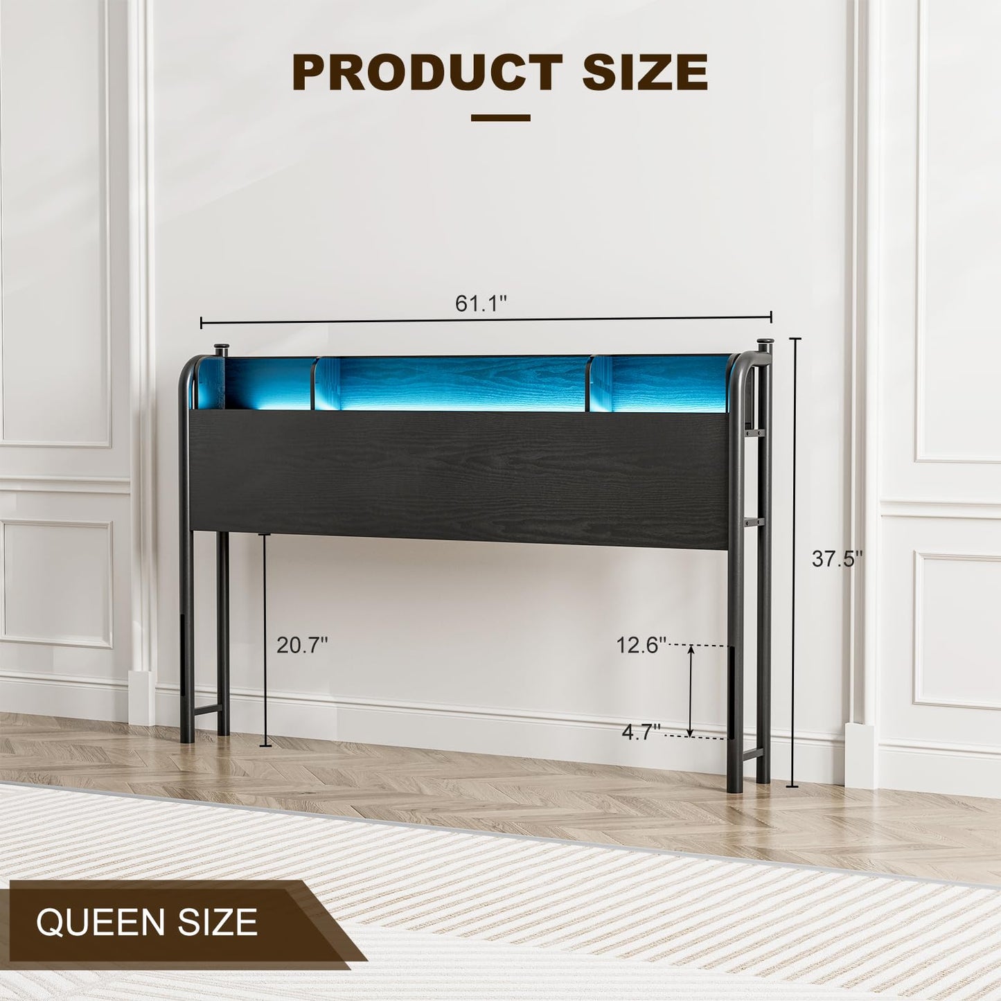 IKIFLY Modern Queen Size Storage Headboard with LED Lights and Charging Station - Black - WoodArtSupply