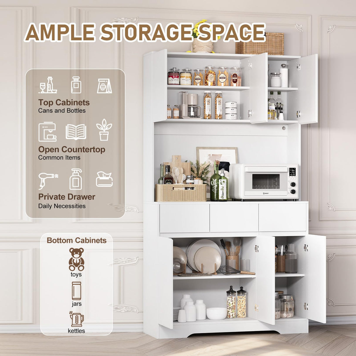 YBXGO 71'' Kitchen Pantry Cabinet with LED Light and Charging Station, Tall Kitchen Hutch Storage Cabinet with Microwave Stand, Modern Buffect Cabinet with Adjustable Shelves, Handless Design, White YBXGO