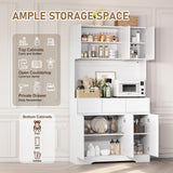 YBXGO 71'' Kitchen Pantry Cabinet with LED Light and Charging Station, Tall Kitchen Hutch Storage Cabinet with Microwave Stand, Modern Buffect Cabinet with Adjustable Shelves, Handless Design, White YBXGO