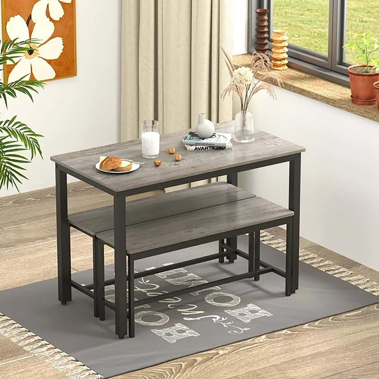 SumKea 3-Piece 4 Bar 2 Dining Benches, 43.3'' Wood Kitchen Table & Chair Set for Breakfast Nook and Small Space, Grey SumKea