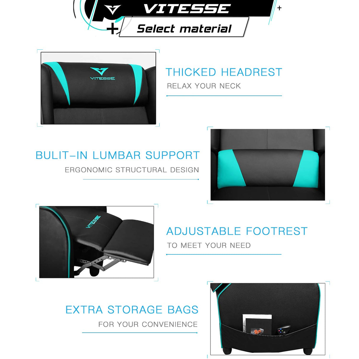 VIT Gaming Recliner Chair Racing Style Single PU Leather Sofa Modern Living Room Recliners Ergonomic Comfortable Home Theater Seating, Teal VITESSE