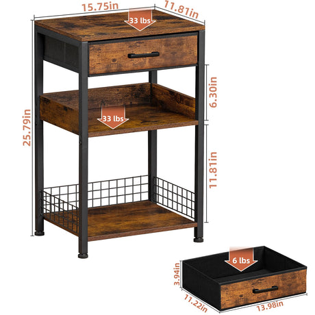 Lerliuo End Table with Fabric Drawer,3 Tier Industrial Wood Side Table with Storage,Modern Tall Printer Stand,Vintage Brown Nightstand,Rustic Bedside Tables for Living Room Bedroom Small Spaces Lerliuo
