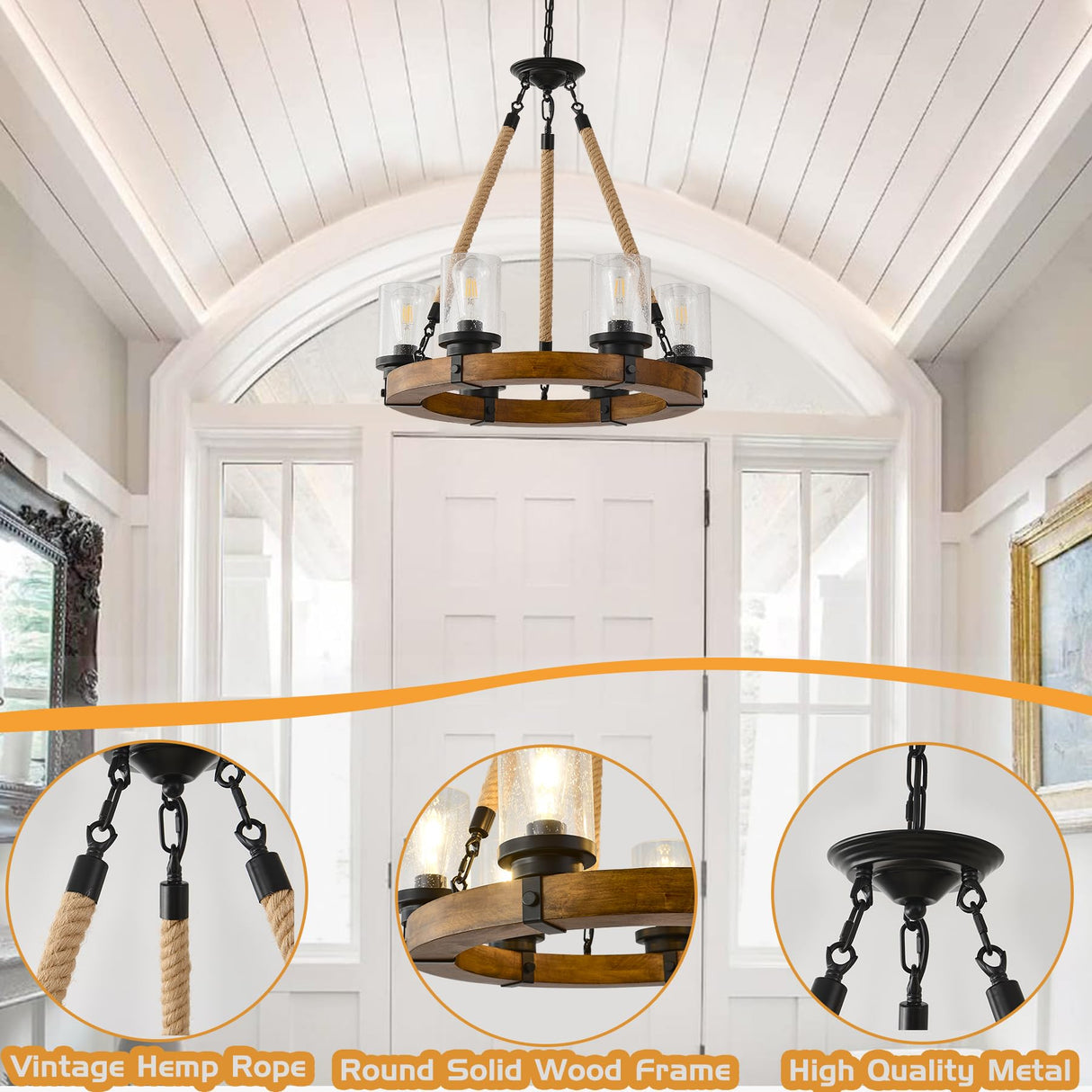 Farmhouse Wagon Wheel Chandelier 6-Light, Round Wood Chandelier with Seeded Glass Shade, Rustic Wood Chandeliers Hanging Pendant Light for Dining Room Living Room Kitchen Foye TEINIE