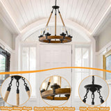 Farmhouse Wagon Wheel Chandelier 6-Light, Round Wood Chandelier with Seeded Glass Shade, Rustic Wood Chandeliers Hanging Pendant Light for Dining Room Living Room Kitchen Foye TEINIE