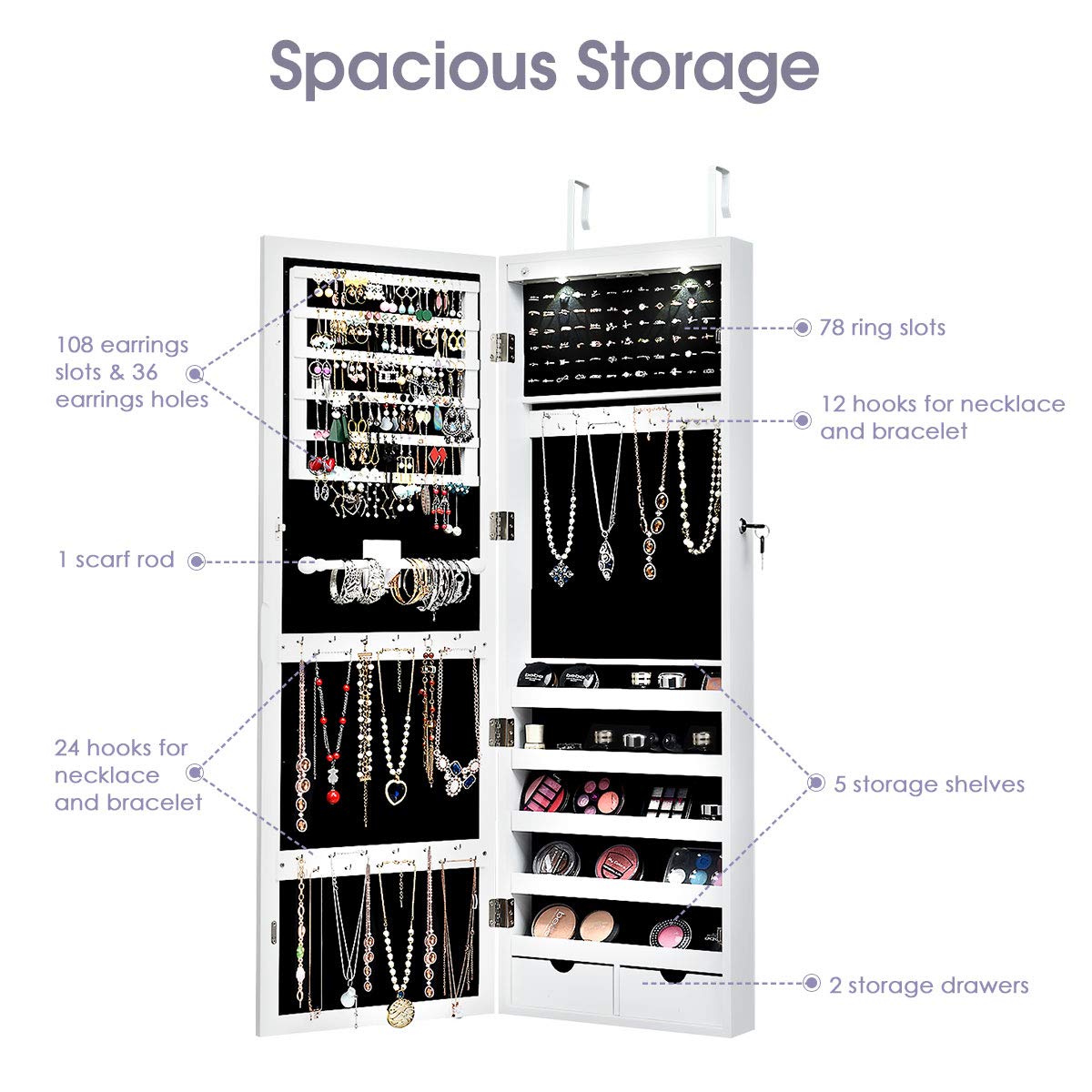 Giantex Jewelry Armoire Wall Door Mounted, Lockable Jewelry Cabinet with 42.5'' Full Length Mirror, 2 LEDs Jewelry Organizer Box with 2 Drawers, Mirror with Jewelry Storage (White) - WoodArtSupply