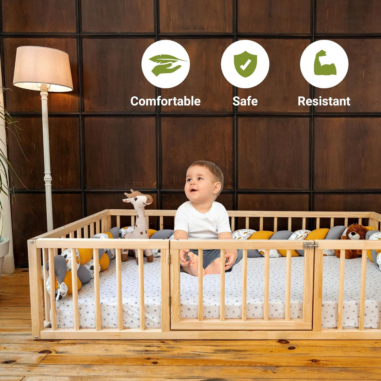 Montessori Floor Bed with Door for Toddler 39.4'' x 75.2'' Twin Size | Pine Wood Natural Solid Frame Bed Door in the Middle | Sturdy Design Floor Bed Frame Boy and Girls (Twin, Height : 23.6 Inches) wood and montessori