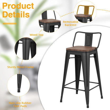 Yongchuang 24" Metal Barstools Set of 4 Counter Bar Stools with Wood Top Low Back Matte Black - WoodArtSupply