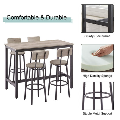 Industrial Grey Bar Table Set with 4 PU Backrest Stools – 5-Piece Counter Height Dining Ensemble