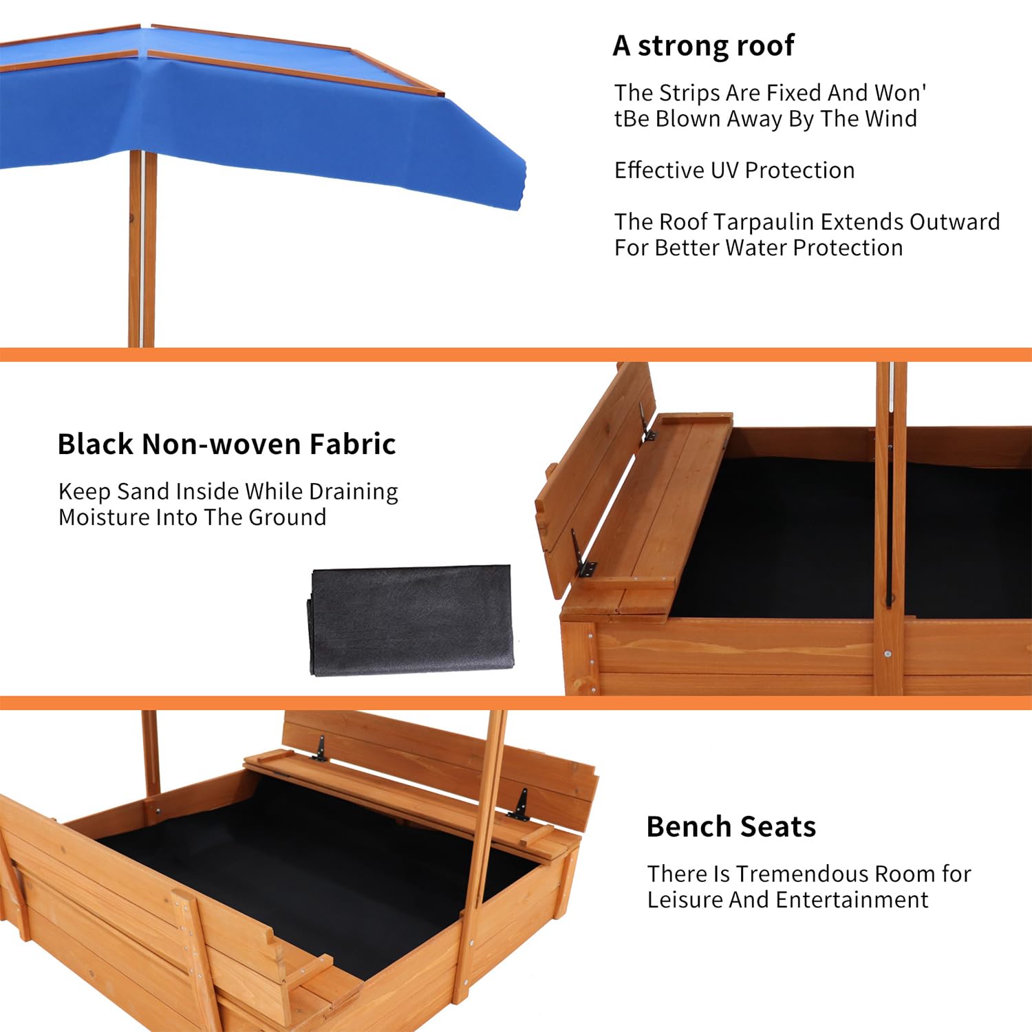 Wooden Cedar Sand Box, Large Kids Sand Boxes with Adjustable Canopy, 2 Foldable Bench Seats, Sand Protection, Bottom Liner, Sand Boxes for Backyard Garden, Sand Pit for Beach Patio Outdoor (4 - WoodArtSupply