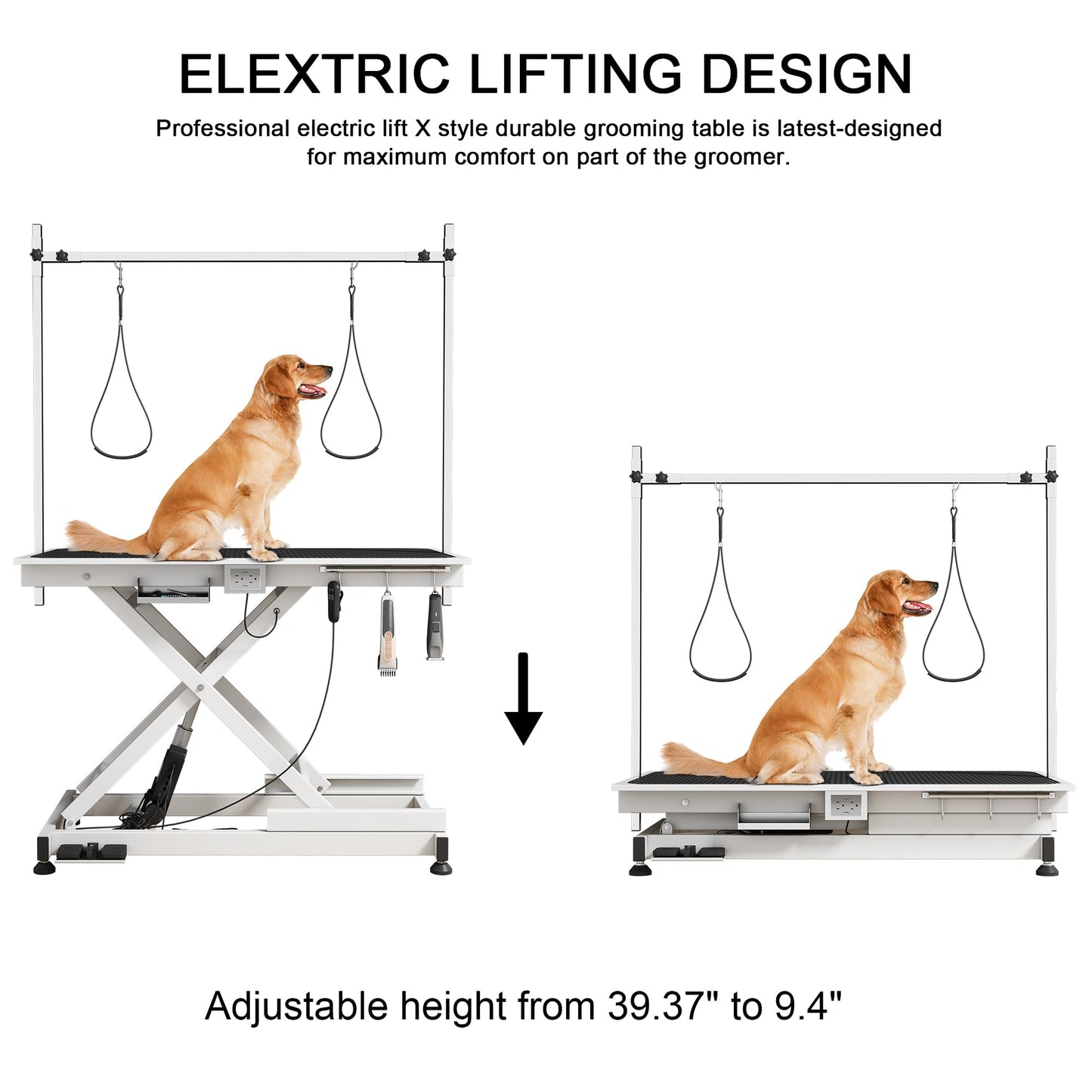 49.6” Electric Lift Pet Grooming Table | Adjustable Height | Heavy Duty Design | Overhead Arm | Non-slip Surface | Professional Grade | Ideal for Dogs & Cats | Black & White Available (WHITE)