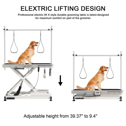 49.6” Electric Lift Pet Grooming Table | Adjustable Height | Heavy Duty Design | Overhead Arm | Non-slip Surface | Professional Grade | Ideal for Dogs & Cats | Black & White Available (WHITE)