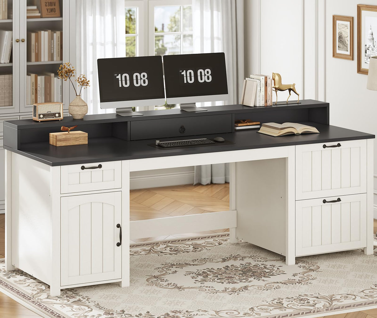 SEDETA Farmhouse 63" Executive Desk, Home Office Desk with File Drawer and Monitor Stand, Computer Desk with Drawers and Storage Cabinet, Wood Desk for Work Study Writing, White SEDETA