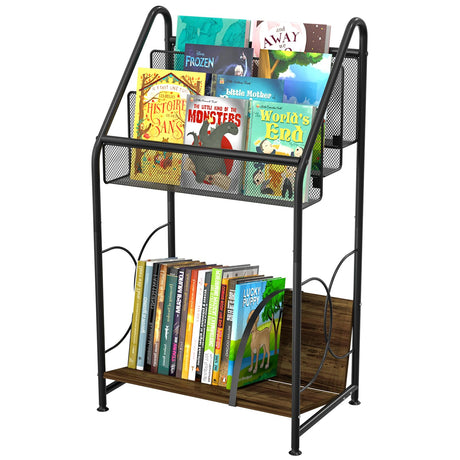 VyGrow Bookshelf, 4-Tier Metal & Wood Rolling Book Cart on Wheels, Record Cabinet for Book Magazine Turntable, Record Holder Up to 100 Albums, Multifunction Utility Cart, Black VyGrow