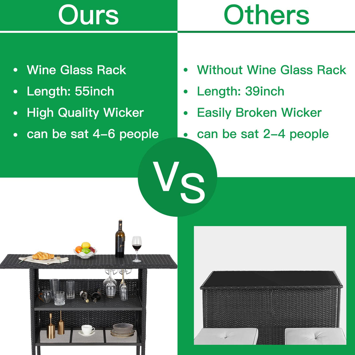 ECOTOUGE Outdoor Patio Wicker Bar Counter Table, Rattan Storage Furniture with Steel Shelves & Hanging Wine Glasses, 54.7"x18.1"x36.8" (L x W x H) Ideal for Garden, Backyard and Pool Side, Black ECOTOUGE