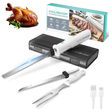 HAUSHOF Cordless Electric Knife Set for Meat Slicing, 8V Electric Carving Knife for Fish, Bread, Turkey, Rechargeable Meat Cutter with Reciprocating Stainless Steel Blades, Safety Lock & Storage Case HAUSHOF