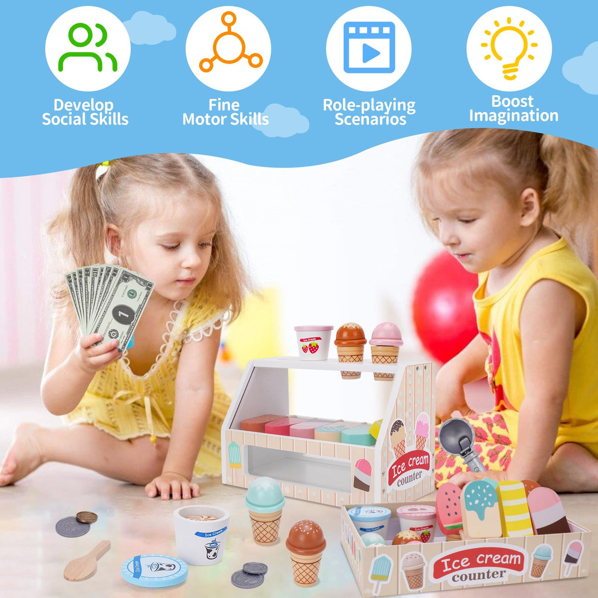 Wooden Ice Cream Counter Playset for Kids, Toddler Girl Toys Kitchen Playset Pretend Play Gifts for 3 4 5 6 Year Old Girl or Boy, Play Food Scoop and Serve, Play Kitchen Sets for Kids Ages 4-8 Melofaver