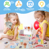 Wooden Ice Cream Counter Playset for Kids, Toddler Girl Toys Kitchen Playset Pretend Play Gifts for 3 4 5 6 Year Old Girl or Boy, Play Food Scoop and Serve, Play Kitchen Sets for Kids Ages 4-8 Melofaver