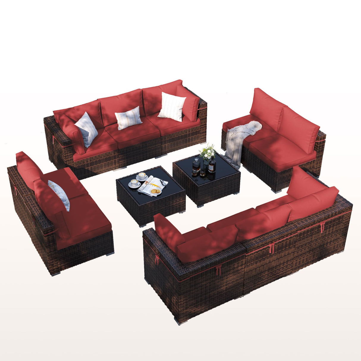 VONZOY Patio Furniture Set, 12-Piece Outdoor Sectional with Waterproof Cover, All-Weather Wicker Patio Conversation Sets for Backyard (Brown with Red Cushion) VONZOY