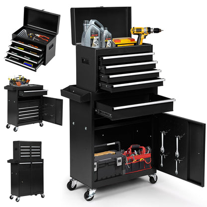 Dawmilon 5-Drawer Rolling Tool Chest with Detachable Top Box, Lockable Wheels, Adjustable Shelf, and Liner, Heavy-Duty Metal Tool Cart for Garage and Workshop Storage, Black - WoodArtSupply