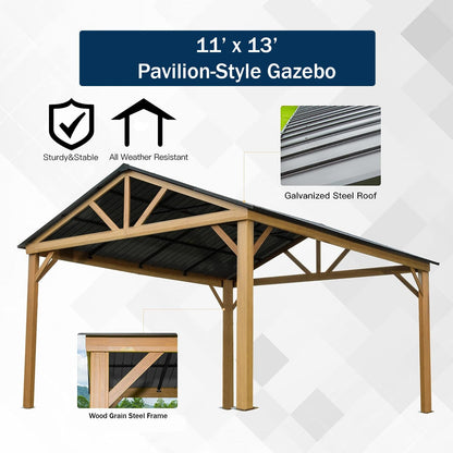 Shade N' Shelters 11' x 13' Outdoor Hardtop Gazebo for Patio, Backyard, Garden, or Deck (11' x 13', Wood-Look Steel Frame) - WoodArtSupply