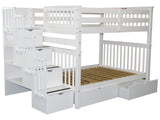 Bedz King Stairway Bunk Beds Full over Full with 4 Drawers in the Steps and 2 Under Bed Drawers, White Bedz King