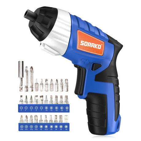 Electric Screwdriver, SORAKO Cordless Screwdriver Rechargeable 4V Max, Power Screwdriver with LED Light, 1300mAh Battery Screwdriver 6 Nm 30 PCS Screw Gun Accessories for Home DIY, Car Repair SORAKO