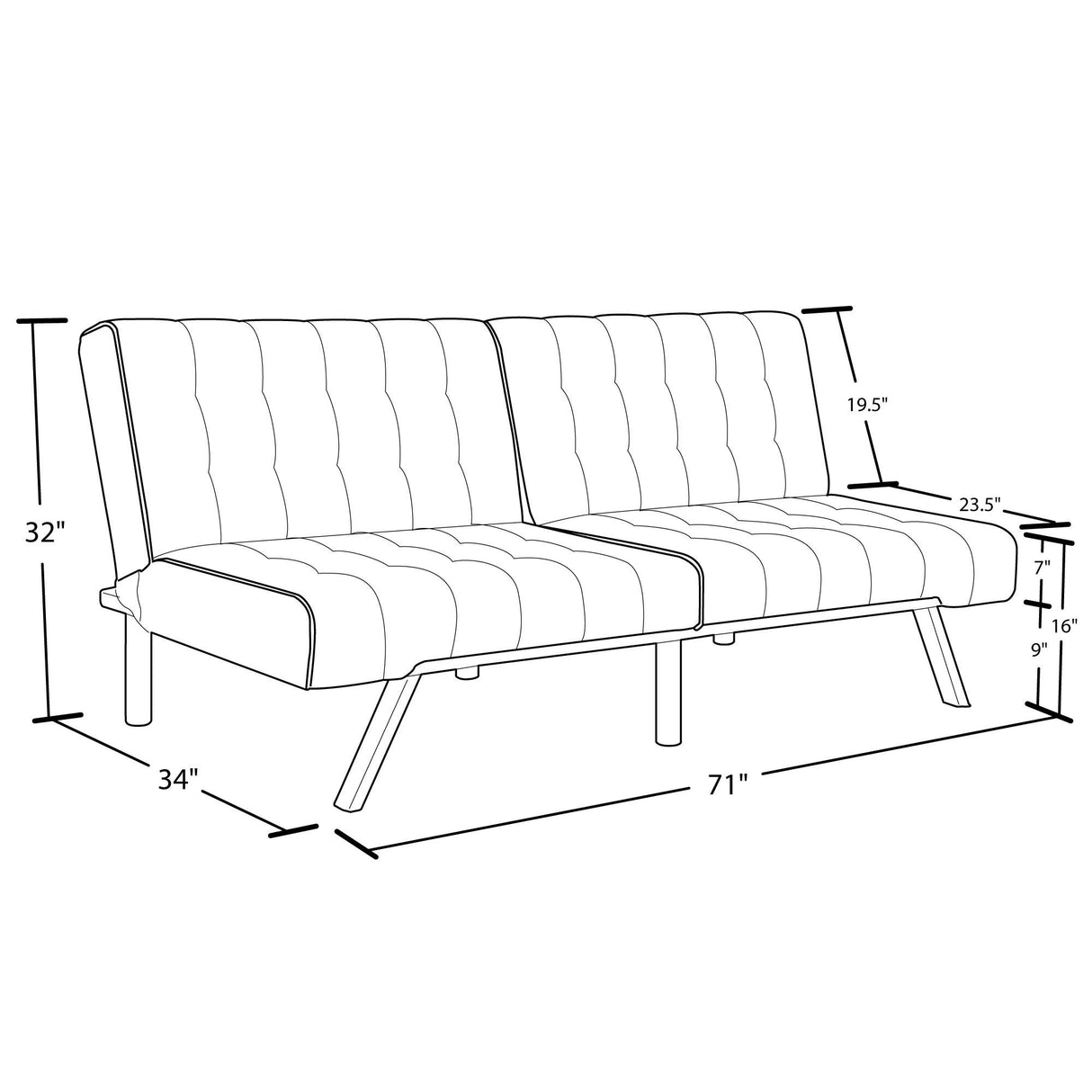 DHP Emily 71 Inch Futon Sofa Bed, Armless Upholstered Couch Sleeper with Tufted Back and Seat, Mid-Century Modern, Black Faux Leather DHP