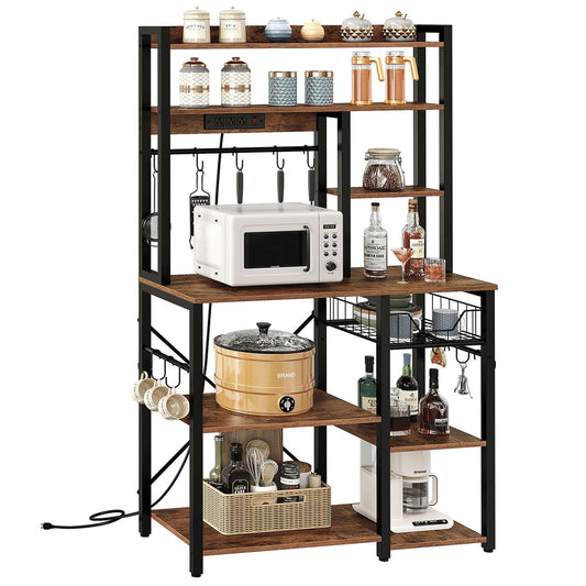 Kitchen Bakers Rack with Power Outlet, Microwave Stand with Multiple Shelves, Floor Standing Bakers Rack, Coffee Bar with Mesh Basket, for Kitchen, Dining Room, Rustic Brown and Black THB01UBF