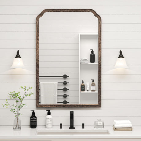 Acovy 24"x36" Solid Wood Bathroom Mirror Rounded Corner Tempered Glass for Wall Mounted, Rustic Wood Frame Wall Mirror Decorative for Living Room Bedroom Vanity Mirror Entryway Mirror, Rustic Brown Acovy