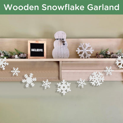 Christmas Decorations-Wooden Small & Big Snowflake Banner for Christmas Decor-Winter White Snowflake Garland for Home Office Party Fireplace Mantle Windows Shelf Farmhouse Decor