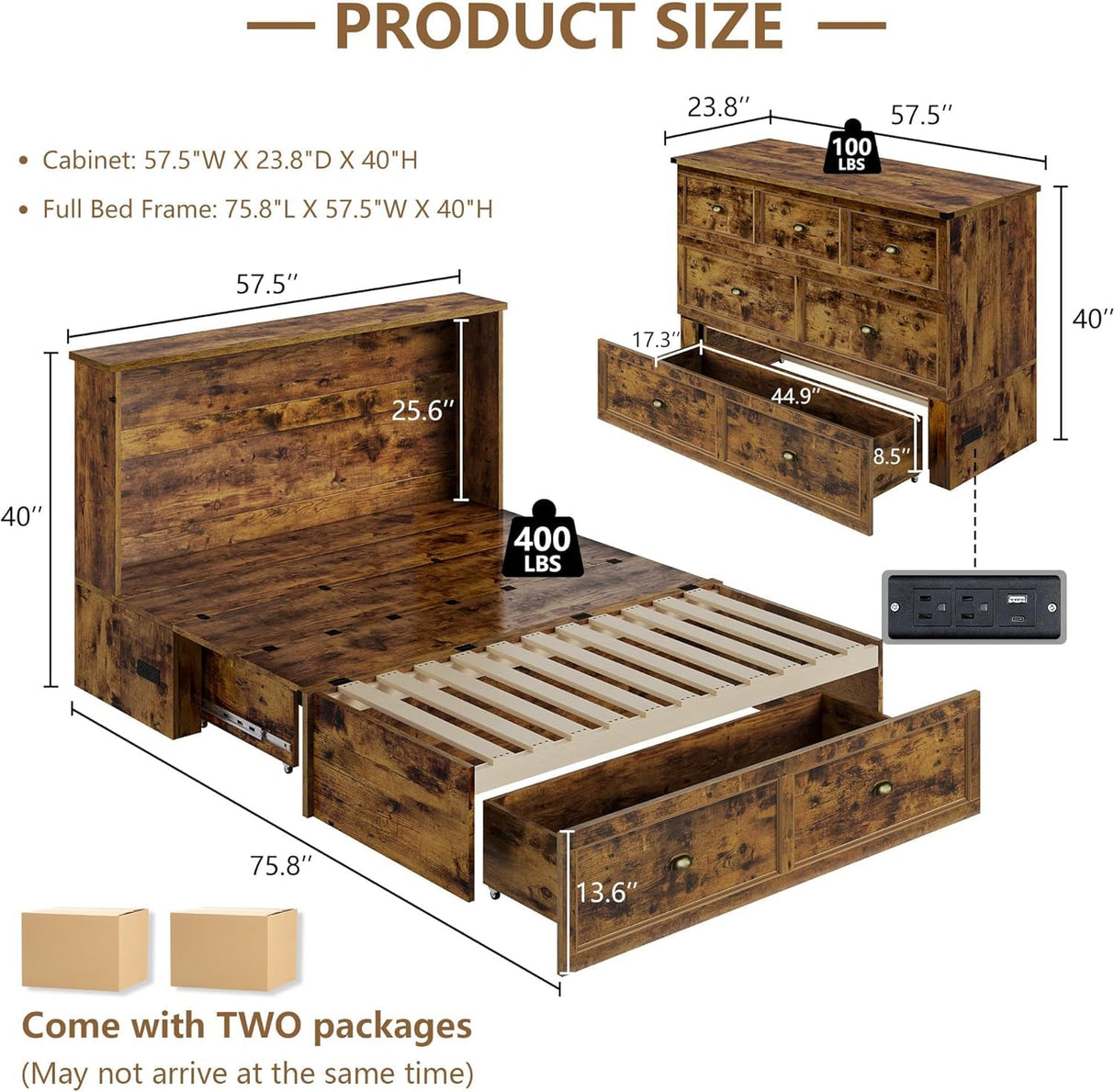 AMERLIFE Farmhouse Murphy Bed, Full Size Wooden Cabinet with Charging Station and Storage Drawer for Bedroom/Office/Guest Room, Rustic Brown AMERLIFE