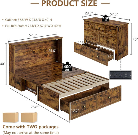 AMERLIFE Farmhouse Murphy Bed, Full Size Wooden Cabinet with Charging Station and Storage Drawer for Bedroom/Office/Guest Room, Rustic Brown AMERLIFE