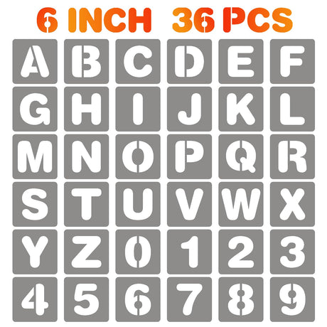 BAMIDELE 6 Inch Letter and Number Stencils, 36 Pcs Reusable Plastic Alphabet Spray Paint Stencils for Painting on Wood, Wall, Fabric, Rock, Chalkboard, Door Porch, Signage, DIY Craft Decoration BAMIDELE