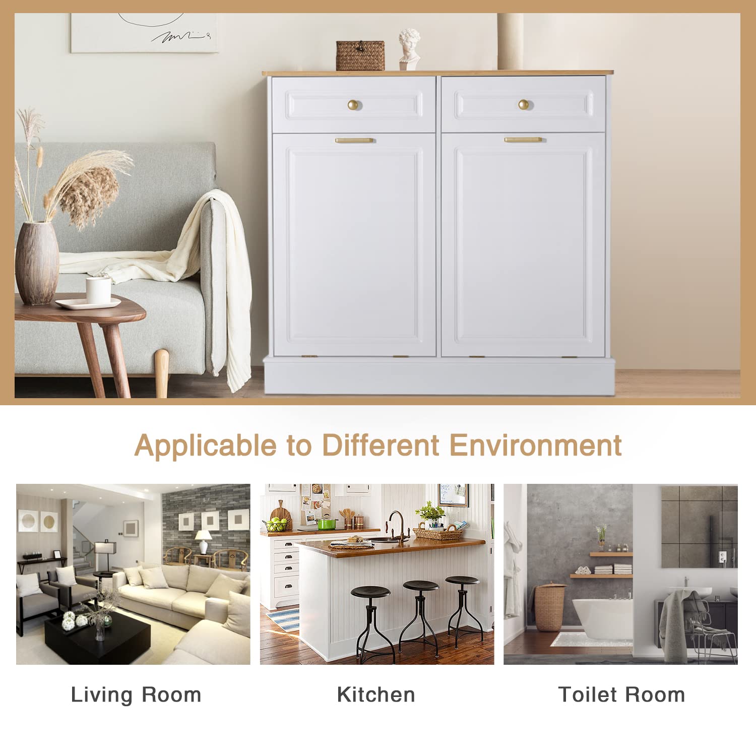 ONG Double Kitchen Trash Cabinets Tilt Out Trash Cabinets with Two Hideaway Trash Holder, Free Standing Kitchen Wooden Trash Can Recycling Cabinet with Two Solid Wood Drawers (White) - WoodArtSupply